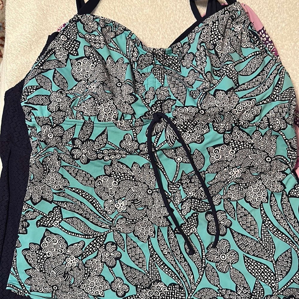 Lands' End Multicolor Floral Print Underwire Swim Tankini Top size 12D teal/Navy